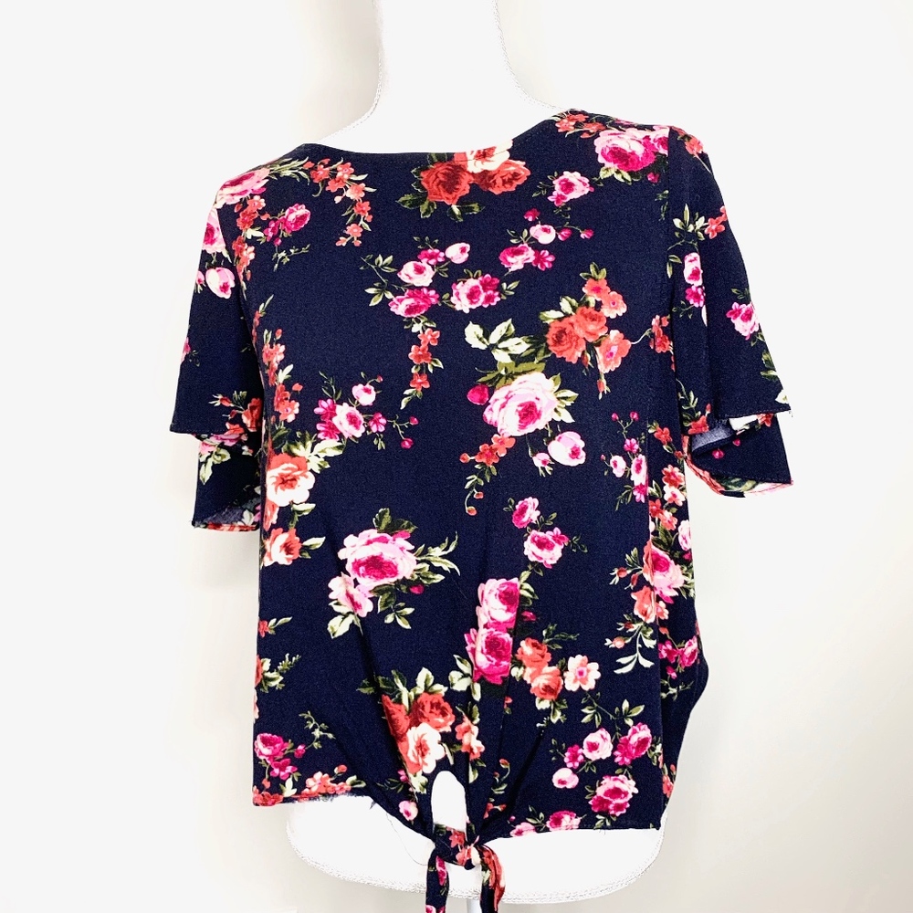 Rose Floral Print Knotted Tie Waist Black Top Lg